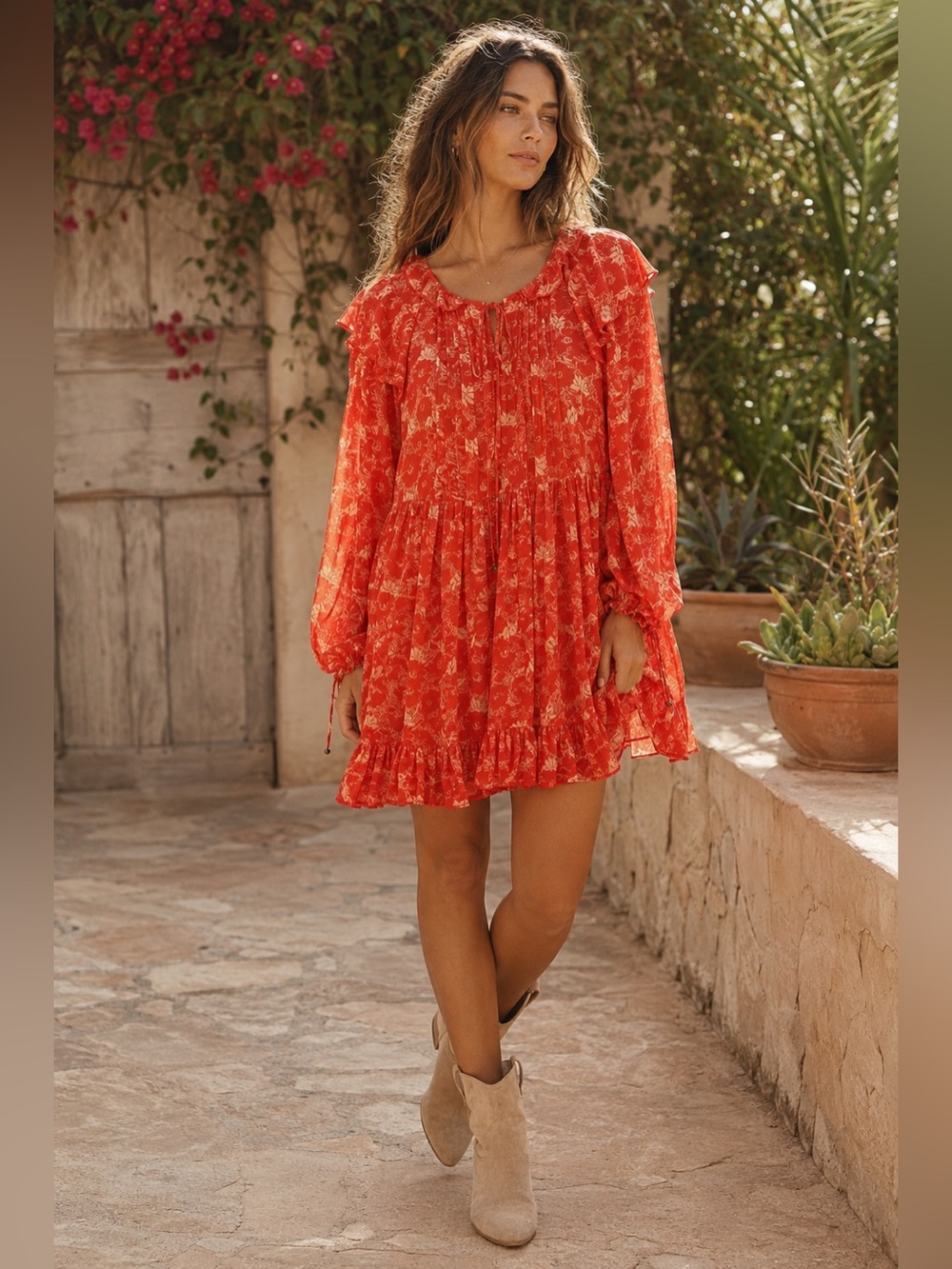 Free People These Dreams Orange Ivory Floral Boho Mini Dress Size S
